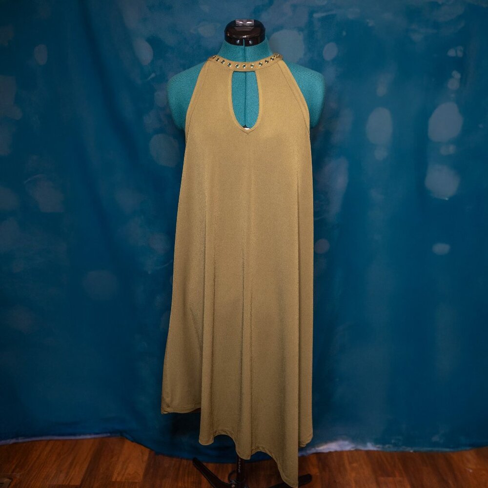 CLEARANE Carmen Marc Valvo Olive Green Studded Neck Asymmetrical Dress Women’s M